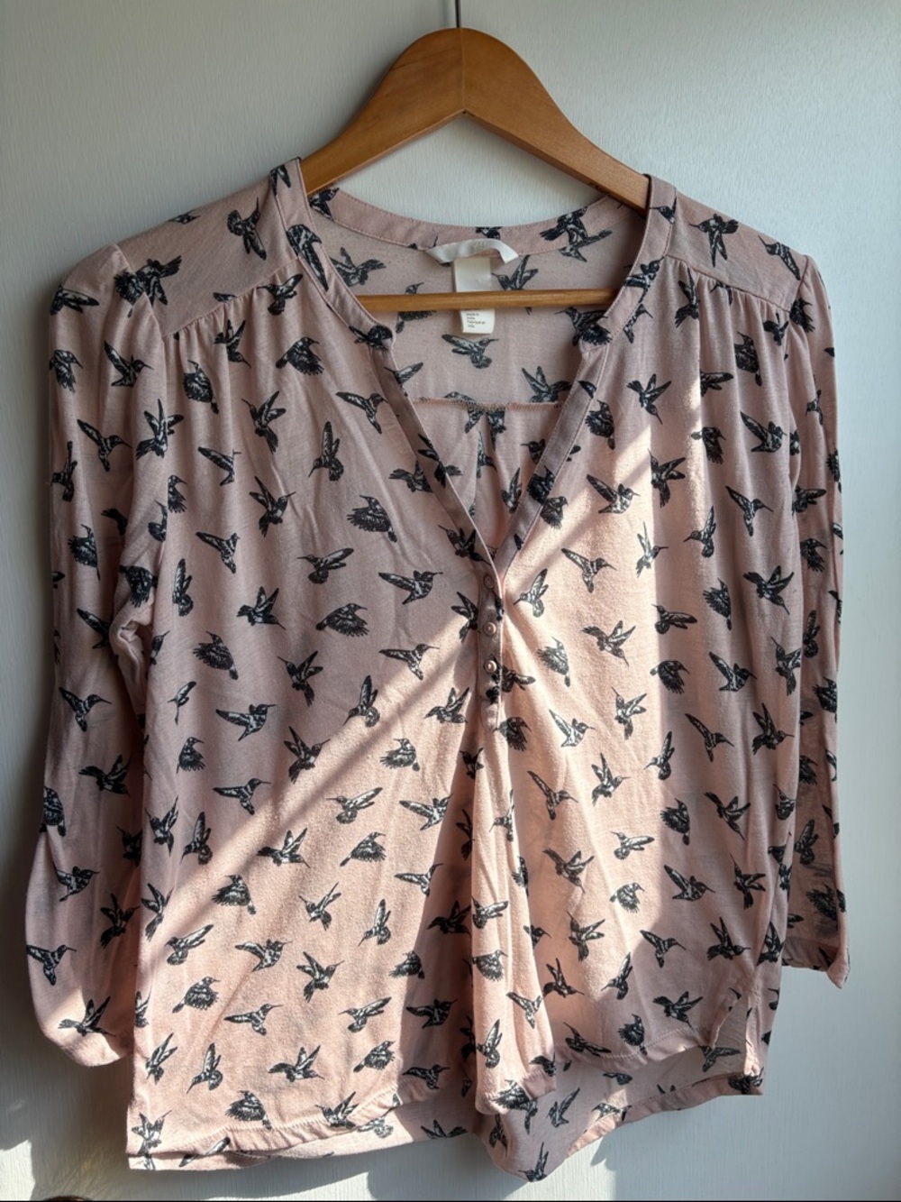 H&M Pink Blouse with Hummingbird Print sz Small